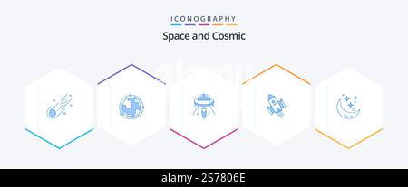 Space 25 Blue icon pack including space. space craft. geography. mars. ufo Stock Vector