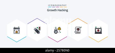 Hacking 25 FilledLine icon pack including insect. document. ddos. bug. warning Stock Vector