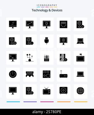 Creative Devices 25 Glyph Solid Black icon pack  Such As devices. speaker. tv. hardware. devices Stock Vector