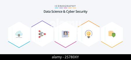 Data Science And Cyber Security 25 Flat icon pack including dollar. bulb. phone. light. data Stock Vector