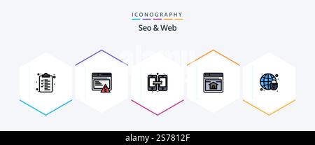 Seo and Web 25 FilledLine icon pack including globe lock. global security. data. home page. web Stock Vector
