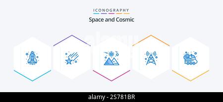 Space 25 Blue icon pack including . spacecraft. sun. space car. automobile Stock Vector
