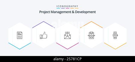 Project Management And Development 25 Line icon pack including process. workflow. remarks. video player. message Stock Vector