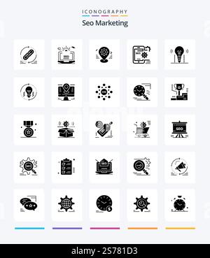 Creative Seo Marketing 25 Glyph Solid Black icon pack  Such As optimize. seo. configuration. setting. map Stock Vector