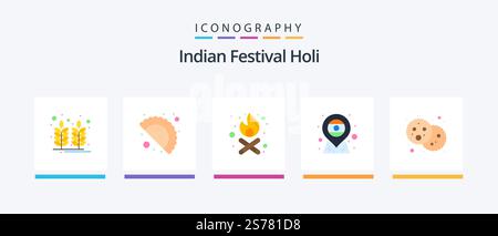 Holi Flat 5 Icon Pack Including party. food. fire. bread. flag. Creative Icons Design Stock Vector