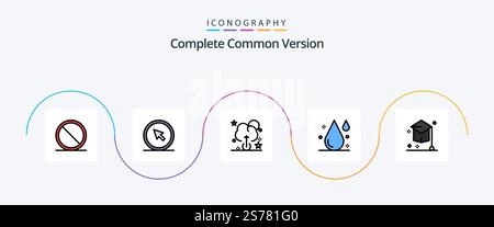 Complete Common Version Line Filled Flat 5 Icon Pack Including education. college. pointer. water. drink Stock Vector