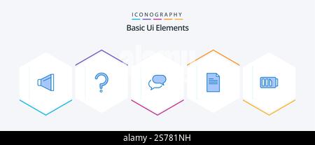 Basic Ui Elements 25 Blue icon pack including electricity. charge. chat. report. text Stock Vector