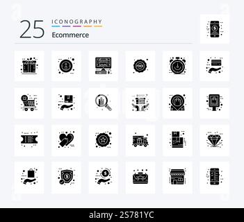 Ecommerce 25 Solid Glyph icon pack including sale. ecommerce. pc. clock. sticker Stock Vector