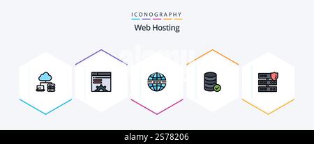 Web Hosting 25 FilledLine icon pack including secure. data. security. web. security Stock Vector