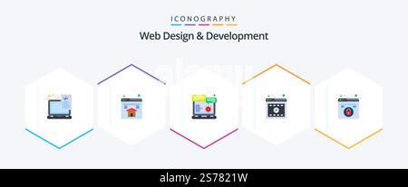 Web Design And Development 25 Flat icon pack including design. video. browser. player. Stock Vector