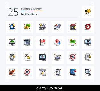 Notifications 25 Line Filled icon pack including home. notification. card. marketing. email Stock Vector