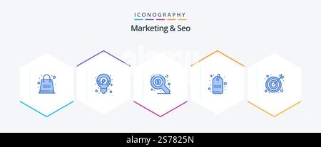 Marketing And Seo 25 Blue icon pack including target. bulls eye. market. tag. seo Stock Vector