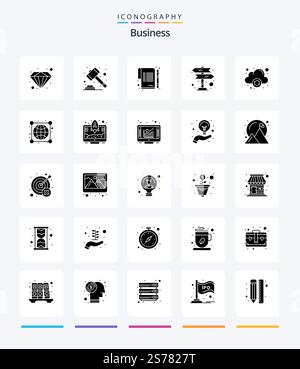 Creative Business 25 Glyph Solid Black icon pack  Such As online. cloud. paper. navigation. road trip Stock Vector