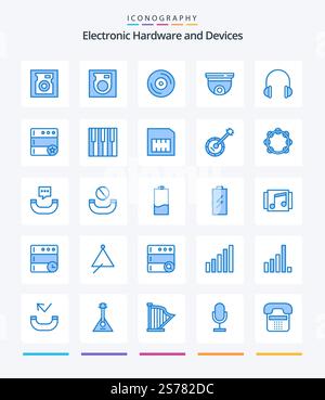 Creative Devices 25 Blue icon pack  Such As favorite. sound. roof. music. headphones Stock Vector