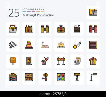 Building And Construction 25 Line Filled icon pack including construction. buildings. building. tools. box Stock Vector