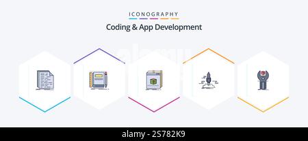 Coding And App Development 25 FilledLine icon pack including app. launch. pocket. program. application Stock Vector