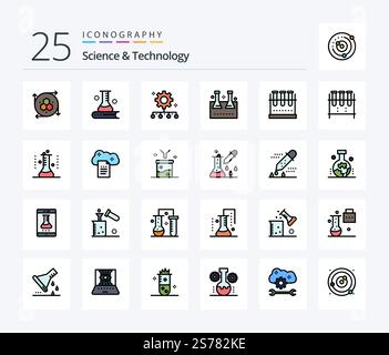 Science And Technology 25 Line Filled icon pack including lab glassware. erlenmeyer flask. scientific. chemical flask. work management Stock Vector