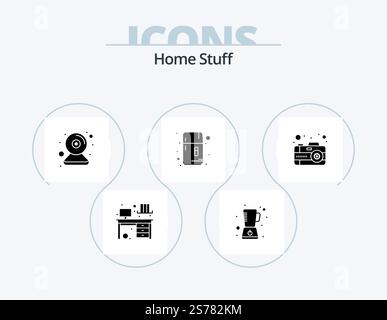 Home Stuff Glyph Icon Pack 5 Icon Design. photo. cam. refrigerator. freezer Stock Vector