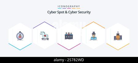 Cyber Spot And Cyber Security 25 FilledLine icon pack including incognito. detective. trojan. jury. expert Stock Vector