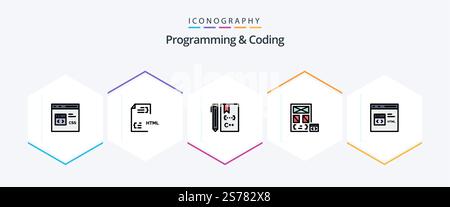 Programming And Coding 25 FilledLine icon pack including develop. app. file. development. coding Stock Vector