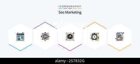 Seo Marketing 25 FilledLine icon pack including seo. document. remarketing. watch. stop Stock Vector