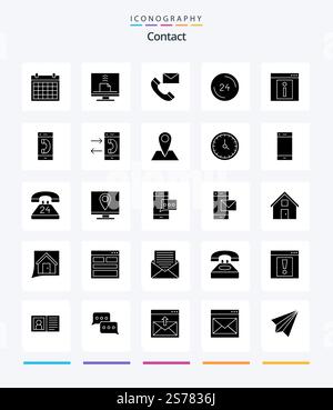 Creative Contact 25 Glyph Solid Black icon pack  Such As clock. anytime. desktop. info. contact us Stock Vector