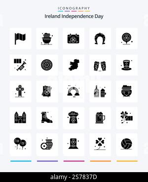Creative Ireland Independence Day 25 Glyph Solid Black icon pack  Such As patricks. horseshoe. calendar. fortune. patricks Stock Vector
