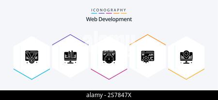 Web Development 25 Glyph icon pack including location. development. web. application programme interface. api Stock Vector
