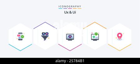 Ux And Ui 25 Flat icon pack including code. laptop. user. configuration. screen Stock Vector