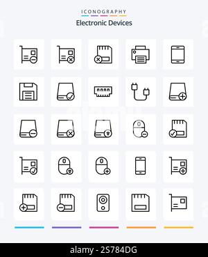 Creative Devices 25 OutLine icon pack  Such As gadget. computers. hardware. printer. gadget Stock Vector