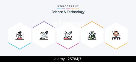 Science And Technology 25 FilledLine icon pack including work management. team management. pipette dropper. authority responsibility. scientific study of the origin of the earth Stock Vector
