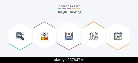 Design Thinking 25 FilledLine icon pack including design work. tool. document. mouse. computer Stock Vector