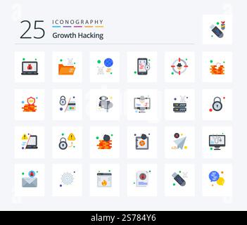 Hacking 25 Flat Color icon pack including goal. mobile. earth. lock. binary code Stock Vector