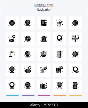 Creative Navigation 25 Glyph Solid Black icon pack  Such As map. store. online. shopping. document Stock Vector