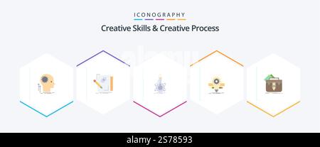 Creative Skills And Creative Process 25 Flat icon pack including bulb. deveopment. draw. development. flask Stock Vector