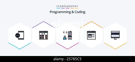 Programming And Coding 25 FilledLine icon pack including develop. browser. development. development. coding Stock Vector