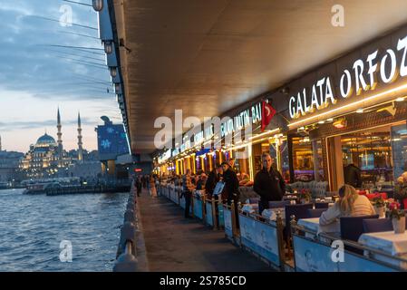 Istanbul, Turkey. 08th Jan, 2025. Fish restaurants at night on the the iconic Galata Bridge at the entrance to the Golden Horn and Bosporus Straight. With an ever expanding population in excess of 15 million people, Istanbul is the largest city in Turkey; spanning the continents of Europe and Asia is a dynamic economic and cultural hub and the former historical capital. Credit: SOPA Images Limited/Alamy Live News Stock Photo