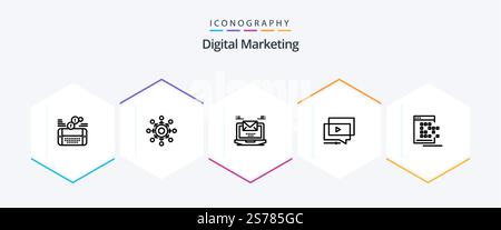 Digital Marketing 25 Line icon pack including tutorial. play. team. laptop. mail Stock Vector