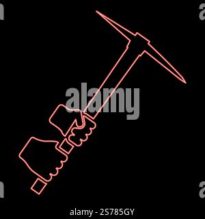 Neon mining pickaxe Mattock pick axe in hand red color vector illustration image flat style light. Neon mining pickaxe Mattock pick axe in hand red color vector illustration image flat style Stock Vector