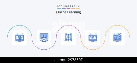 Online Learning Blue 5 Icon Pack Including content. globe. book. youtube. online Stock Vector