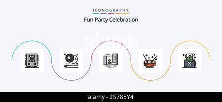 Party Line Filled Flat 5 Icon Pack Including photo. party. card. music. drum Stock Vector