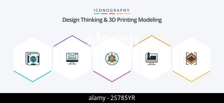 Design Thinking And D Printing Modeling 25 FilledLine icon pack including layer. layers. scale. factory. building Stock Vector