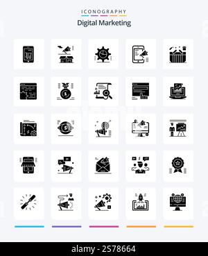 Creative Digital Marketing 25 Glyph Solid Black icon pack  Such As digital campaign. statistics. box. settings. gear Stock Vector