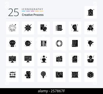 Creative Process 25 Solid Glyph icon pack including design. process. process. creative. man Stock Vector