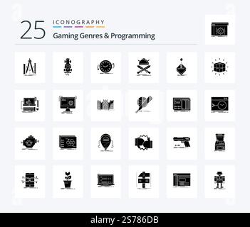 Gaming Genres And Programming 25 Solid Glyph icon pack including viking. battle. racing. time. clockwise Stock Vector