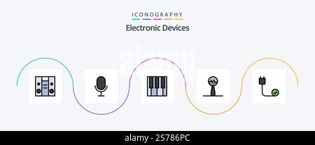 Devices Line Filled Flat 5 Icon Pack Including . devices. piano. cord. computers Stock Vector