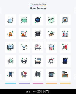 Creative Hotel Services 25 Line FIlled icon pack  Such As safe. comfort. free. wellness. slippers Stock Vector