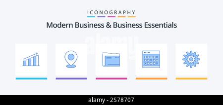 Modern Business And Business Essentials Blue 5 Icon Pack Including computer. folder. map. pointer. place. Creative Icons Design Stock Vector