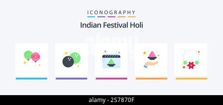 Holi Flat 5 Icon Pack Including necklace. powder. date. india. color. Creative Icons Design Stock Vector