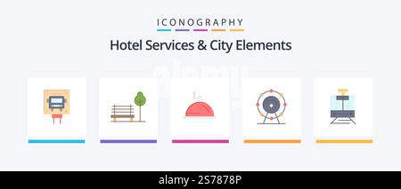Hotel Services And City Elements Flat 5 Icon Pack Including public. hotel. hotel . service. browser. Creative Icons Design Stock Vector